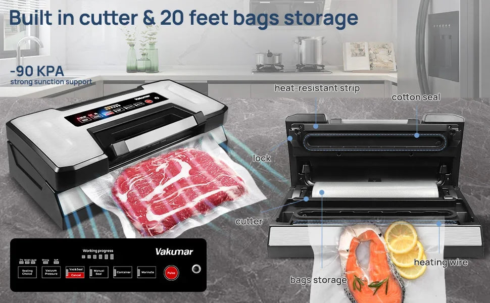Vakumar VH5186 Kitchen Automatic Commercial Household Food Vacuum Sealer Packaging Machine Include 2 Rolls Vacuum Packed Bags