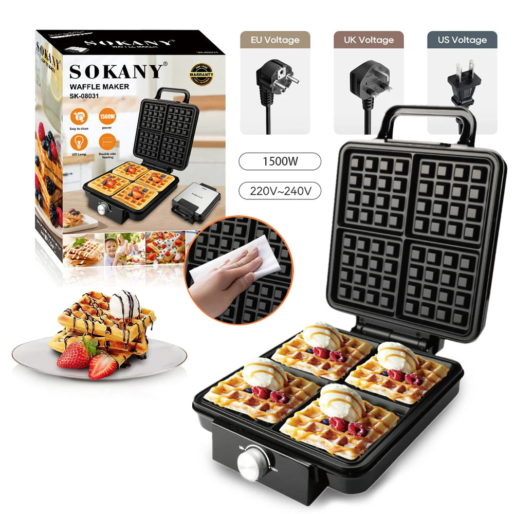 4-Slice Belgian Waffle Maker 1500W Double Heating Non-Stick Egg Cake Oven Pancake Egg Waffle Cake Machine Temperature Control