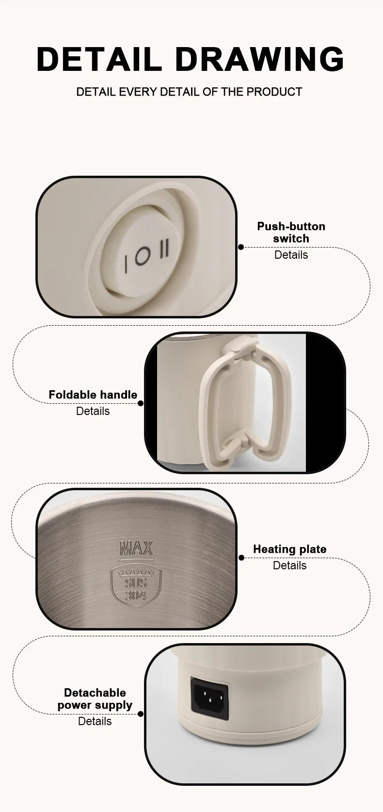 600ML Mini Portable Electric Kettle, Food-Grade Stainless Steel, Travel Foldable Boiling Pot & Noodle Pot