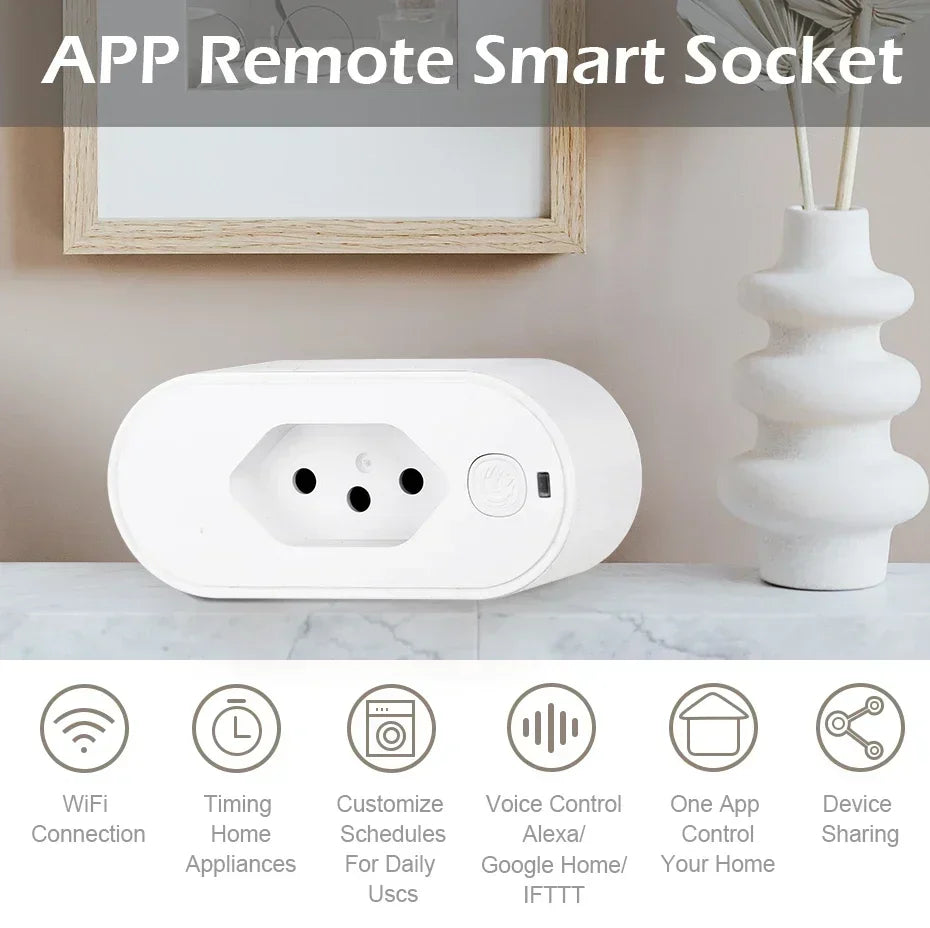 Works with Tuya 16A/20A Brazil Standard Wifi Smart Plug Socket Work with Google Home Alexa with Power Monitor APP Remote Control