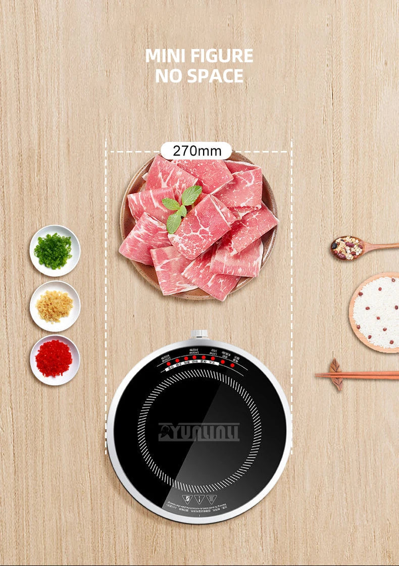 Round Smart Induction Cooker Household 2200W Inductions Kochplatte High Power Portable Cooktop Black Microcrystalline Panel