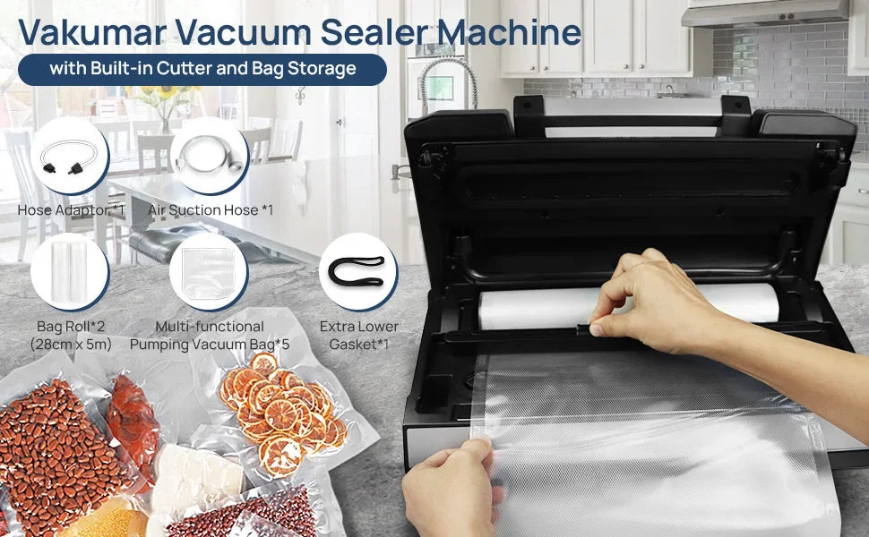 Vakumar VH5186 Kitchen Automatic Commercial Household Food Vacuum Sealer Packaging Machine Include 2 Rolls Vacuum Packed Bags